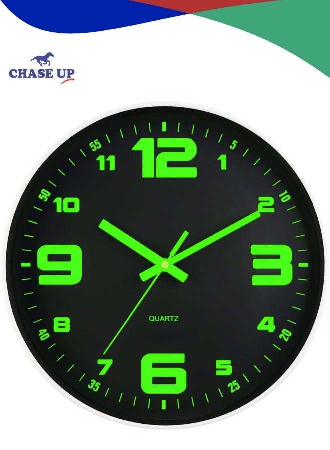 Chase Up Luminous Wall Clock, 12 inch Battery Operated Silent Non-Ticking Glow in The Dark Clocks Analog Small Digital Night Light Up Outdoor Clocks for Living Room Bedroom Kitchen Bathroom - Image 1