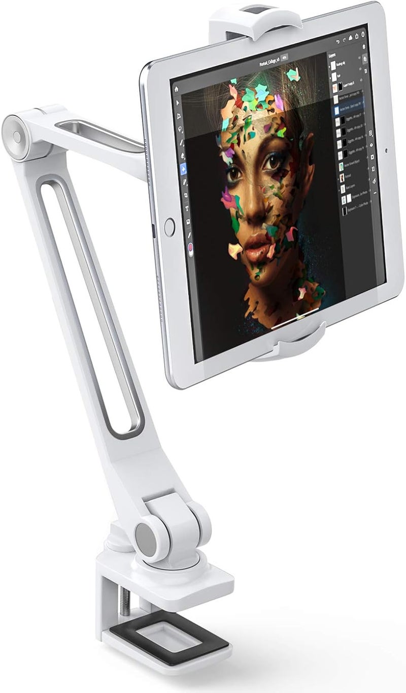 AboveTEK iPad Desk Mount, Multi-Angle Adjustable iPad Clamp Holder, 360° Swivel Arm Aluminum Tablet Stand, Fits 4"-11" Tablet/Phone/iPad Mini for Home Office Kitchen Bedside (White) - Image 1