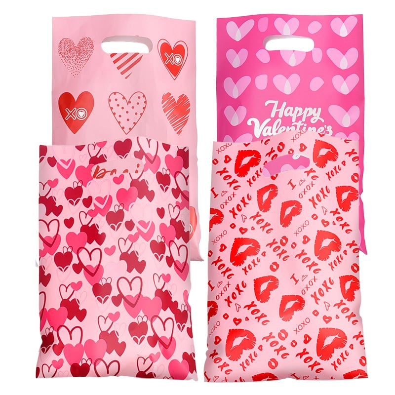 Jocomoni 100Pcs Valentine's Day Gift Bag Plastic Treat Bag with Handle Valentines Candy Bags Heart Goodie Bags for Valentine's Day Party Favor Supplies Classroom Gift Exchange - Image 1