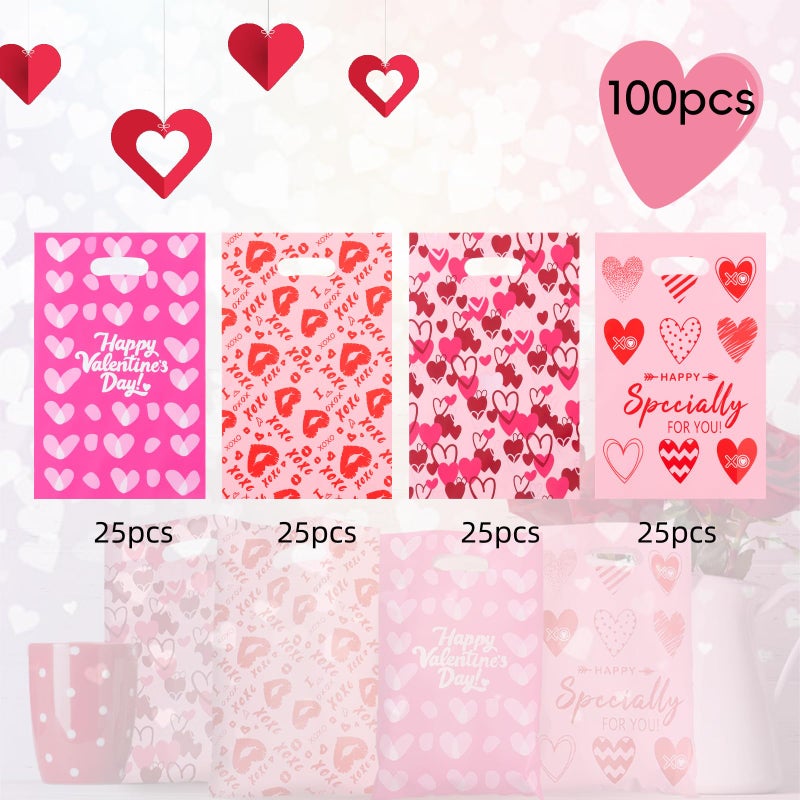Jocomoni 100Pcs Valentine's Day Gift Bag Plastic Treat Bag with Handle Valentines Candy Bags Heart Goodie Bags for Valentine's Day Party Favor Supplies Classroom Gift Exchange - Image 2