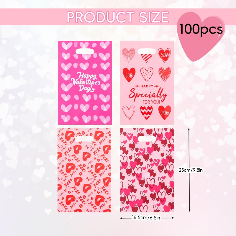Jocomoni 100Pcs Valentine's Day Gift Bag Plastic Treat Bag with Handle Valentines Candy Bags Heart Goodie Bags for Valentine's Day Party Favor Supplies Classroom Gift Exchange - Image 3