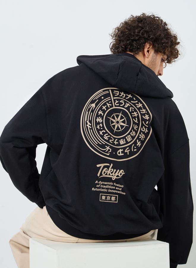 Styli Men Black Tokyo Print Oversized Fleece Hoodie - Image 1