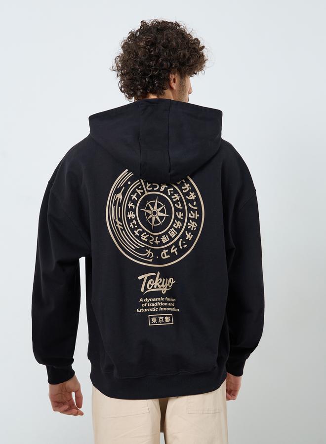 Styli Men Black Tokyo Print Oversized Fleece Hoodie - Image 4