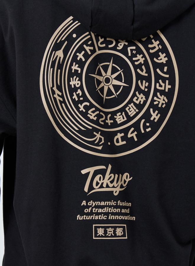 Styli Men Black Tokyo Print Oversized Fleece Hoodie - Image 5