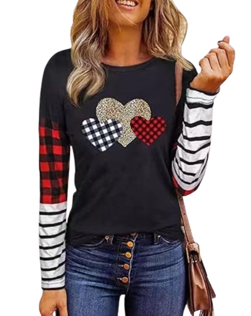 Valentine's Love Heart Graphic Splicing Long Sleeve Women Fun Print Color Block Shirt Stripe Raglans Tee Tops(XX-Large,C-Black-2)