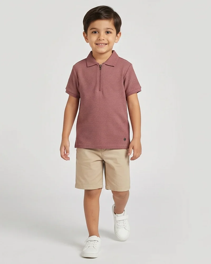 Redtag Boys Brown Jacquard Zip Placket Polo T-shirt
