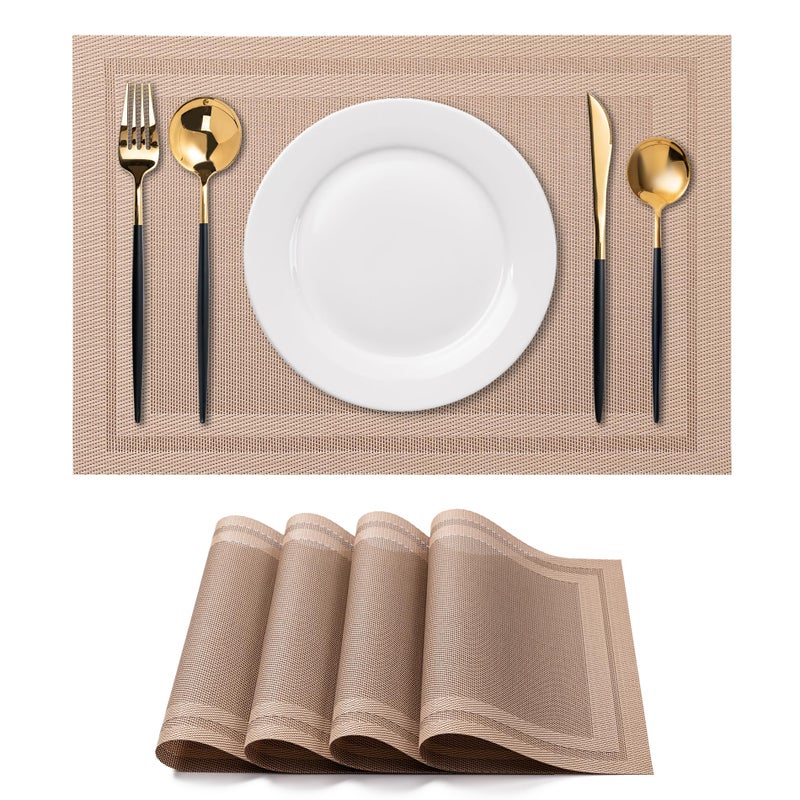CADONO Placemats Set of 4 Washable Indoor/Outdoor Vinyl Place Mats for Dining Table Durable Non-Slip Heat Resistant PVC Weave Table Matsï¼ˆSimple Style-Light Brownï¼‰ - Image 1