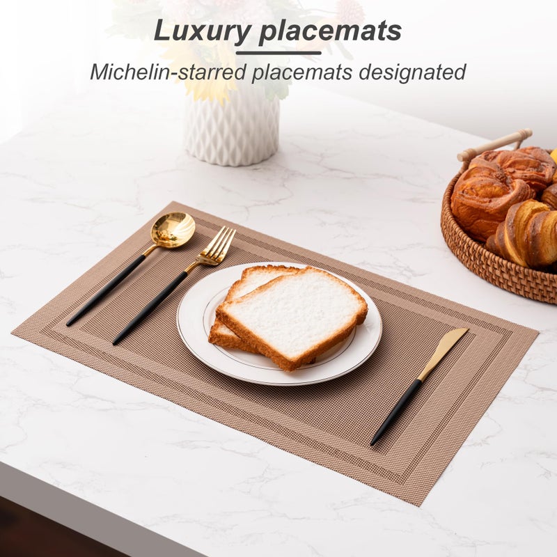 CADONO Placemats Set of 4 Washable Indoor/Outdoor Vinyl Place Mats for Dining Table Durable Non-Slip Heat Resistant PVC Weave Table Matsï¼ˆSimple Style-Light Brownï¼‰ - Image 5