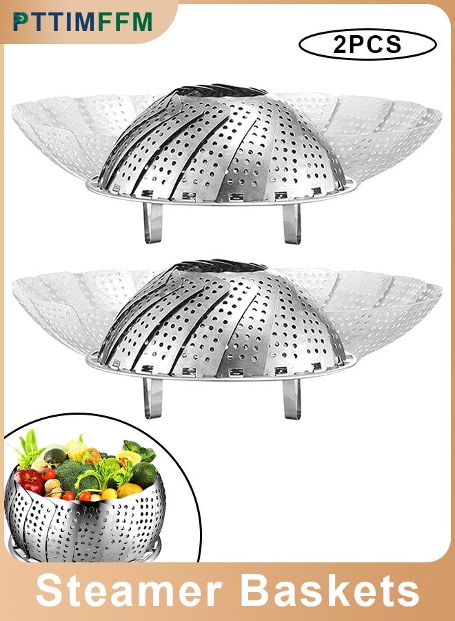 PTTIMFFM 2 Pack Foldable Stainless Steel Steamer Baskets, Adjustable Vegetable Steamers for Pots, Seafood, Dumplings & Healthy Cooking - Image 1