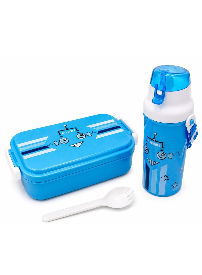 3-Piece Kids Lunch Box Set with 2-Compartment Lunch Box, Matching Water Bottle & Spoon – Blue - Image 1
