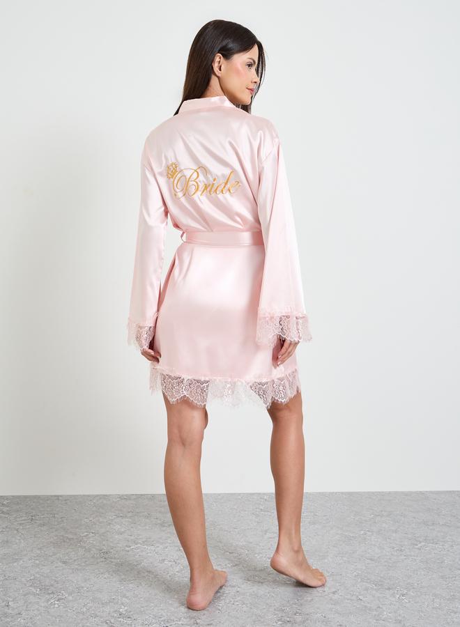 Take Two Light Pink Lace Trim Satin Bride Robe and Slip Set - Image 1
