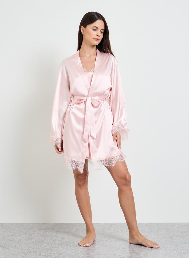 Take Two Light Pink Lace Trim Satin Bride Robe and Slip Set - Image 3