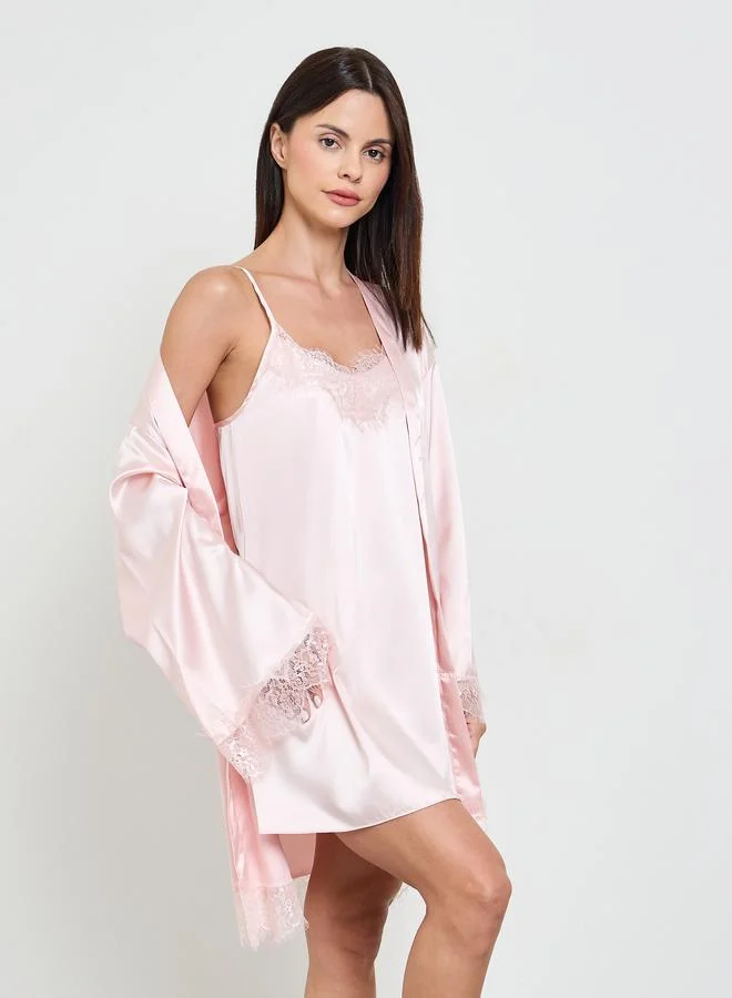تايك تو Light Pink Lace Trim Satin Bride Robe And Slip Set