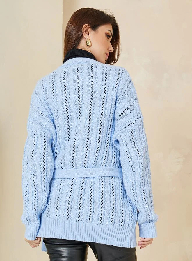 Styli Oversized Longline Wrap Front Cable Knit Sweater