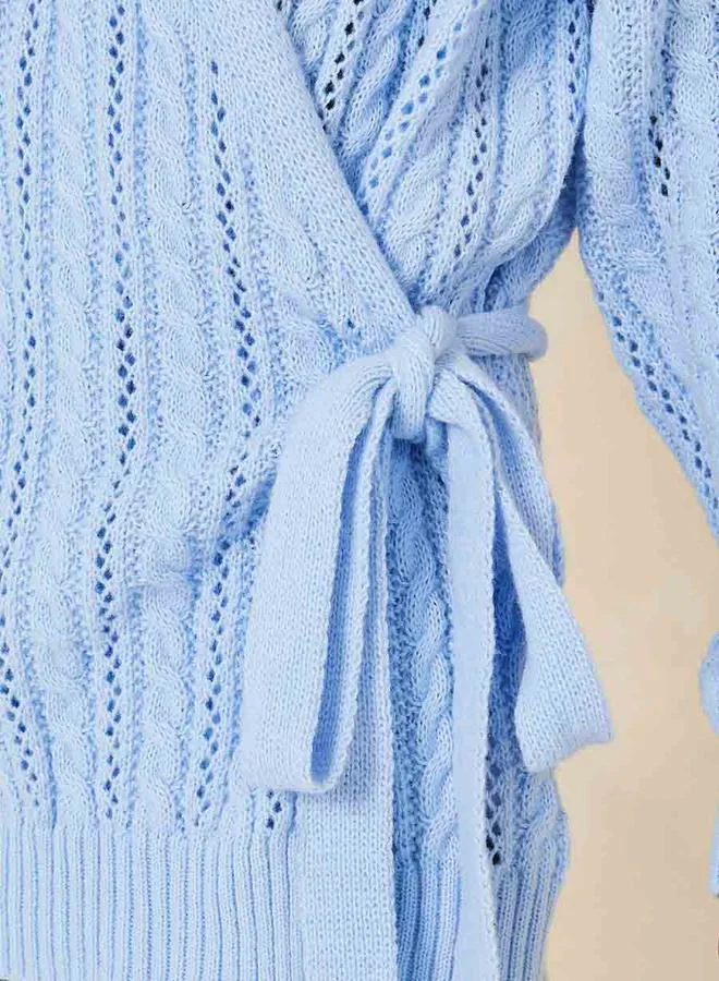 Styli Oversized Longline Wrap Front Cable Knit Sweater