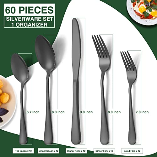 AIVIKI 60-Piece Black Silverware Set with Organizer, AIVIKI Stainless Steel Flatware for 12, Cutlery Utensil Set for Home Restaurant, Tableware Includes Knife Fork Spoon Set, Mirror Polished - Image 2