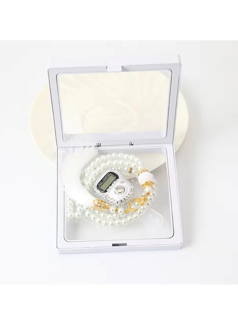 Huitich Digital Elegance 99 Glass Bead Tasbeeh Gift Set with Digital Counter White - Image 3