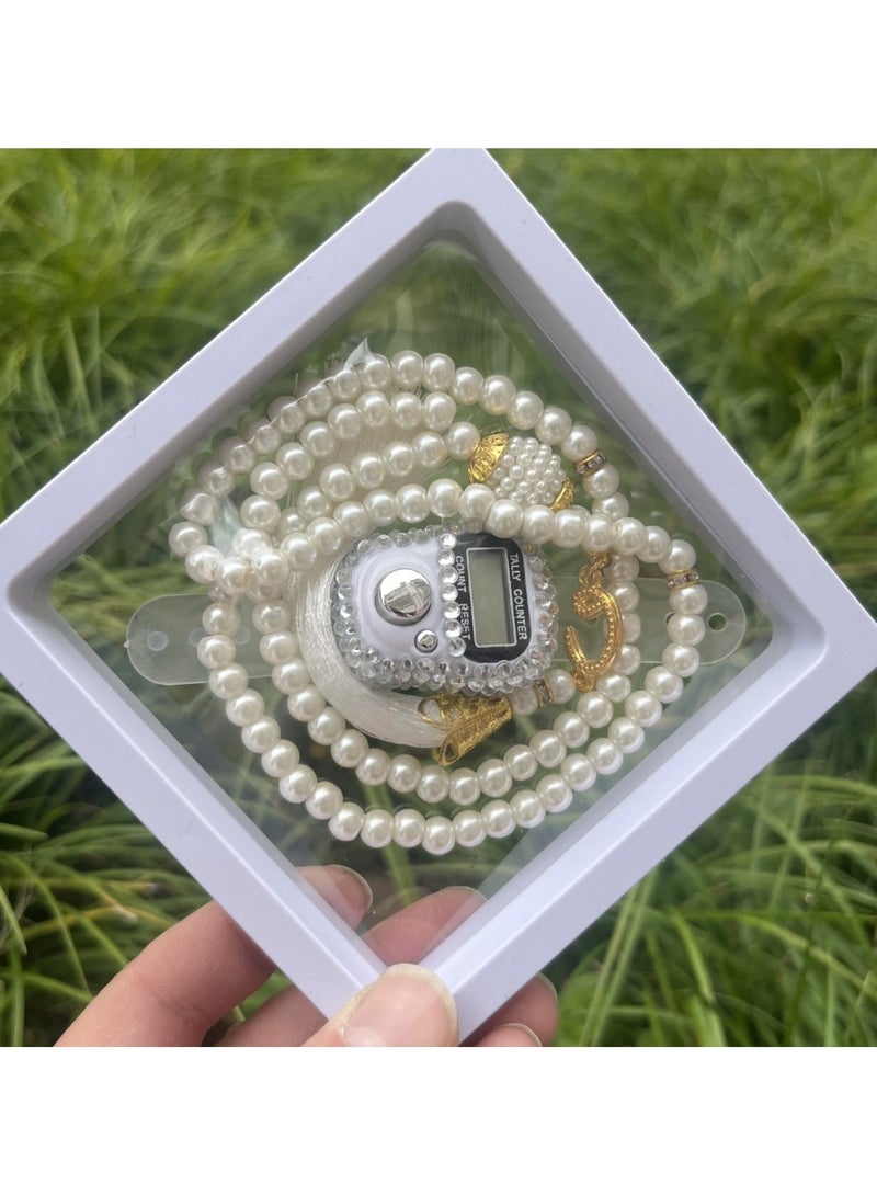 Huitich Digital Elegance 99 Glass Bead Tasbeeh Gift Set with Digital Counter White - Image 2