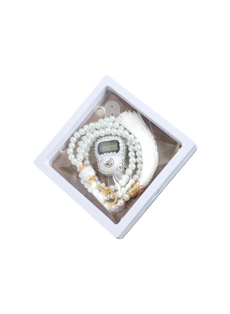 Huitich Digital Elegance 99 Glass Bead Tasbeeh Gift Set with Digital Counter White - Image 1