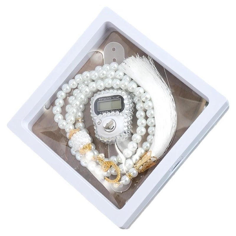 Huitich Digital Elegance 99 Glass Bead Tasbeeh Gift Set with Digital Counter White - Image 1