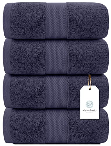 White Classic Luxury Bath Towels Set of 4 Large - 700 GSM Cotton Ultra Soft Bath Towels 27x54 | Highly Absorbent and Quick Dry | Hotel Towels for Bathroom Luxury, Plush Shower Towels, Navy - Image 2