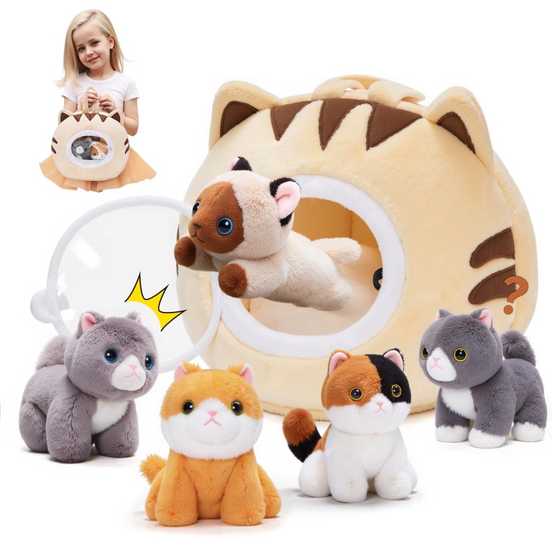 OUOZZZ Cat Stuffed Animal House Plush Kitten Toy Set with 5 Soft Cats Interactive TravelFriendly Kitties Carrier Playset for Toddlers Kids Huggable Portable Birthday Gift for Baby Girls - Image 2