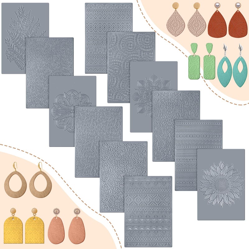DoubleFill 12 Pcs Polymer Clay Texture Sheets Mat Works with Polymer Clay Cutter Embossin Roller DIY Tools for Pottery Earrings Jewelry Making DIY Craft Supply - Image 1