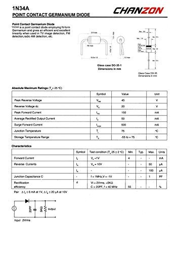 CHANZON (Pack of 20 Pieces) Chanzon 1N34A 1N34 Schottky Diode 50mA 65V DO-35 (DO-204AH) IN34A IN34 Axial for TV FM AM Radio Detection - Image 2