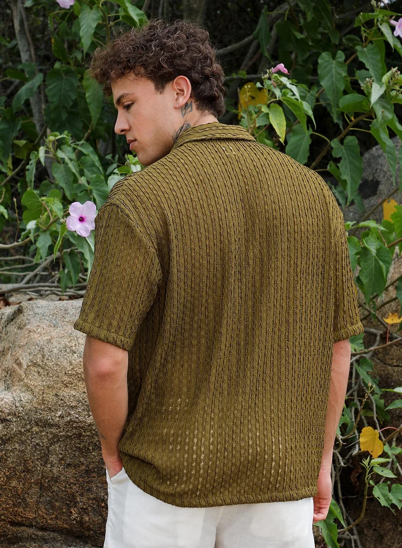CAHOOT  Men's Army Green Striped Knit Oversized Shirt for Men | Best Price UAE