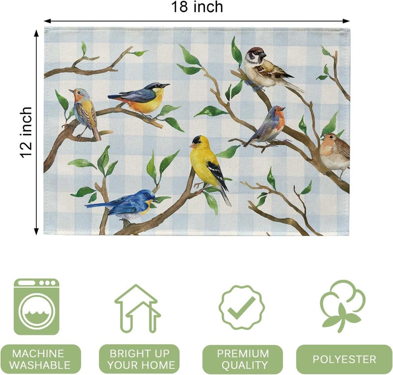 Seliem Spring Summer Birds Placemats Set of 4 Chickadee Goldfinch Robin Bluebird Nuthatch Sparrow Branch Dining Table Place Mats Blue Plaid Check Farmhouse Kitchen Decor Home Decoration 12 x 18 Inch - Image 2