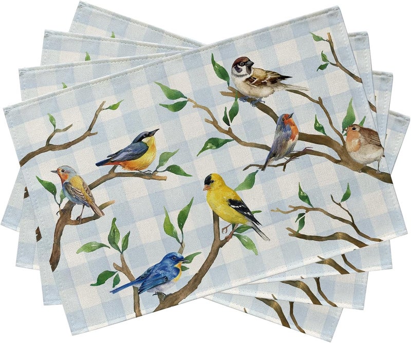 Seliem Spring Summer Birds Placemats Set of 4 Chickadee Goldfinch Robin Bluebird Nuthatch Sparrow Branch Dining Table Place Mats Blue Plaid Check Farmhouse Kitchen Decor Home Decoration 12 x 18 Inch - Image 1