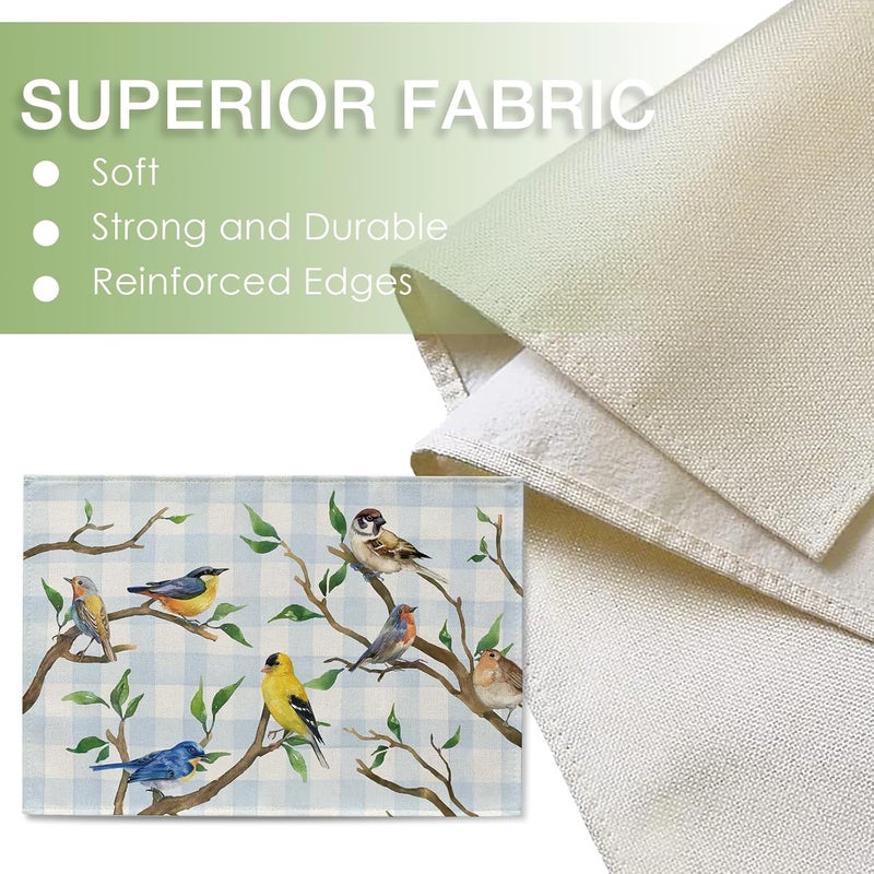 Seliem Spring Summer Birds Placemats Set of 4 Chickadee Goldfinch Robin Bluebird Nuthatch Sparrow Branch Dining Table Place Mats Blue Plaid Check Farmhouse Kitchen Decor Home Decoration 12 x 18 Inch - Image 3