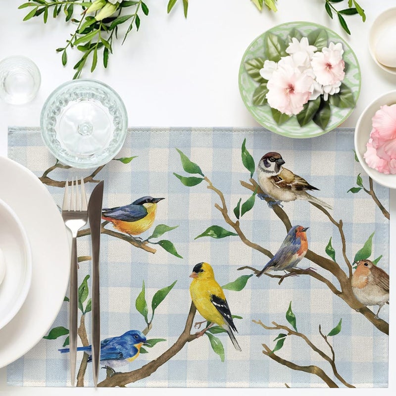Seliem Spring Summer Birds Placemats Set of 4 Chickadee Goldfinch Robin Bluebird Nuthatch Sparrow Branch Dining Table Place Mats Blue Plaid Check Farmhouse Kitchen Decor Home Decoration 12 x 18 Inch - Image 4