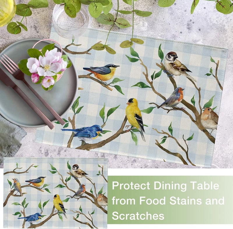 Seliem Spring Summer Birds Placemats Set of 4 Chickadee Goldfinch Robin Bluebird Nuthatch Sparrow Branch Dining Table Place Mats Blue Plaid Check Farmhouse Kitchen Decor Home Decoration 12 x 18 Inch - Image 5