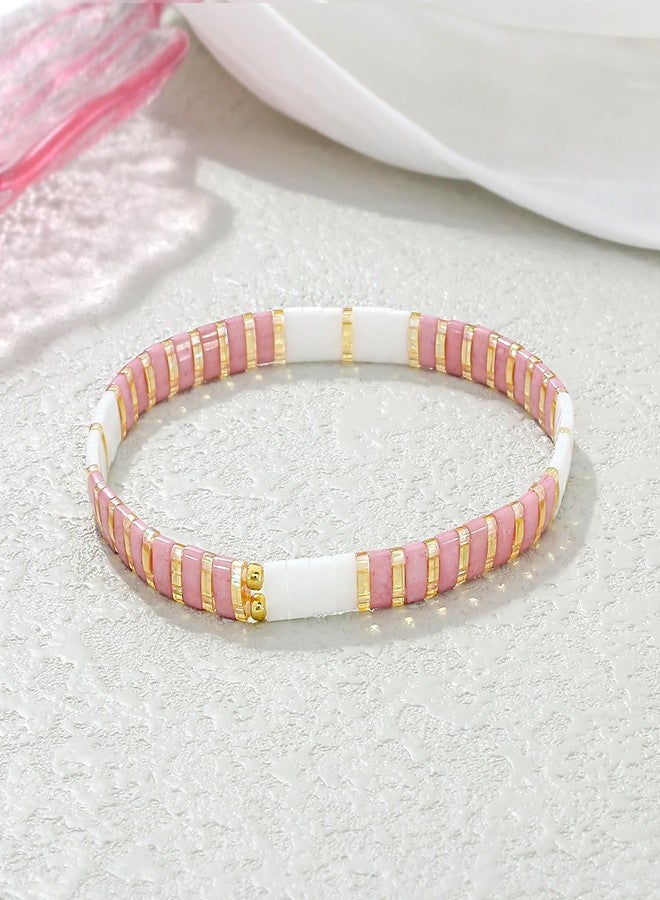 KELITCH Tila Flat Beaded Stretch Bracelets for Women Boho Style Square Beaded Beads Stack Bracelet Beach Jewelry - Pink 22E - Image 3