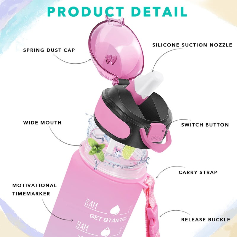Enerbone 32 oz Drinking Water Bottle with Times to Drink and Straw, Motivational with Carrying Strap, Leakproof BPA & Toxic Free, Ensure You Drink Enough Water for Fitness Gym Outdoor - Image 3