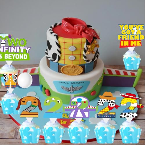 BIGKEOKI Cartoon Story 2nd Birthday Decorations 40ps Blue Sky and White Cloud Cow Birthday Cupcake Toppers for Boys Girls 2nd Bday Cartoon Story Party Supples Decor (2nd birthday) - Image 3