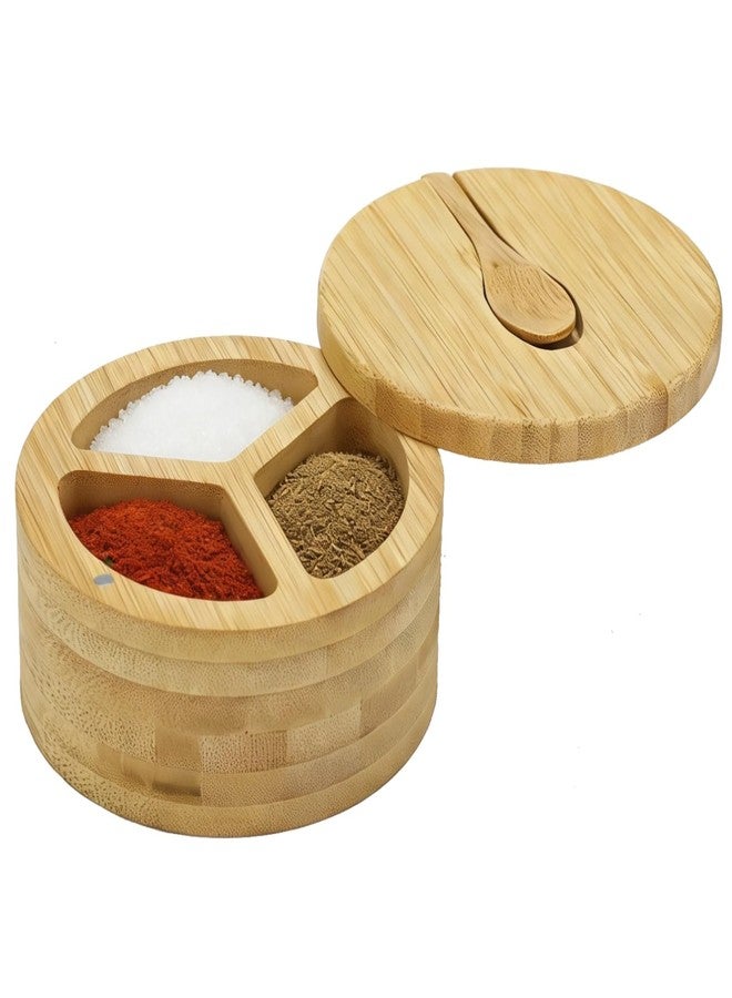NIMBLOOM 3 Compartment Wood Spice Jar, Salt and Pepper Holder with Rotating Lid & Spoon, Dustproof Condiment Container for Kitchen Countertop, Versatile Spice Cellar for Home Cooking, Picnic, BBQ, Restaurant - Image 1