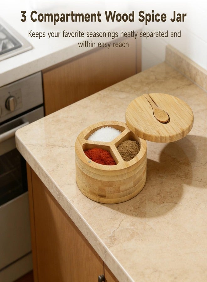 NIMBLOOM 3 Compartment Wood Spice Jar, Salt and Pepper Holder with Rotating Lid & Spoon, Dustproof Condiment Container for Kitchen Countertop, Versatile Spice Cellar for Home Cooking, Picnic, BBQ, Restaurant - Image 3