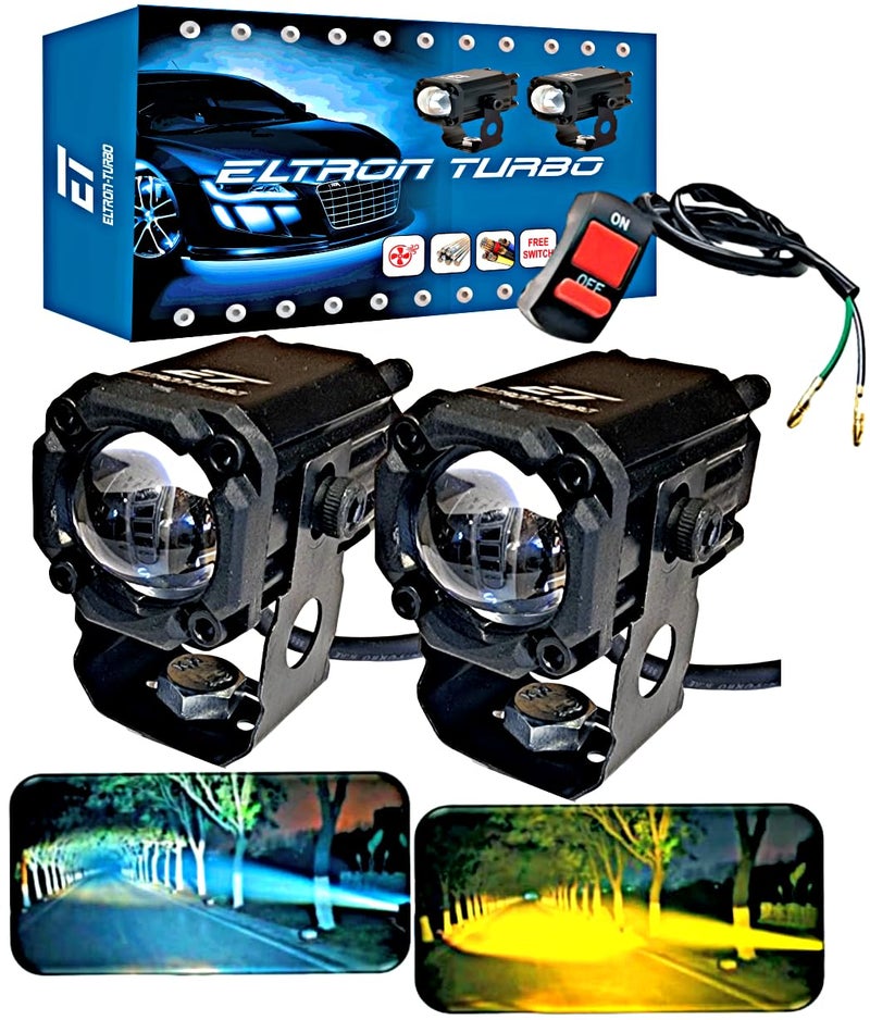 ELTRON TURBO 1 Year Warranty Original Imported Mini Driving Fog Light Led DC Power 12V-24Volts 80Watts Universal For All Motorcycle, Scooties, Car, Projector Light White And Yellow (Pack Of 2, Switch) - Image 1