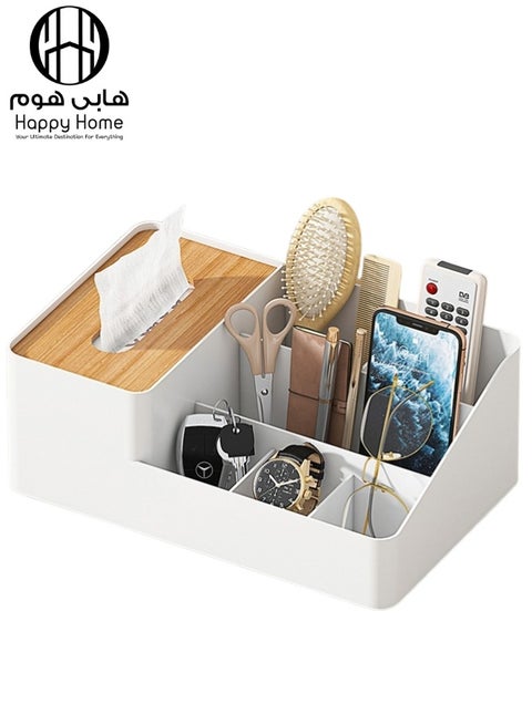 Versatile plastic tissue box with a bamboo lid and 6 compartments for organization – bathroom, office, kitchen, and living room organizer – for storing toothbrushes, keys, pens, tissues, tea bags, coffee, and spices – stylish and modern white design