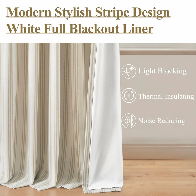 ZJDECOR Beige Striped Blackout Curtain Panels 95 Inch Length Modern Stripe on White Cotton Blend Light Filtering Fabric with White Liner Room Darkening Window Treatment Back Tab Rod Pocket 55 ""Wx95 ""Lx2 - Image 3