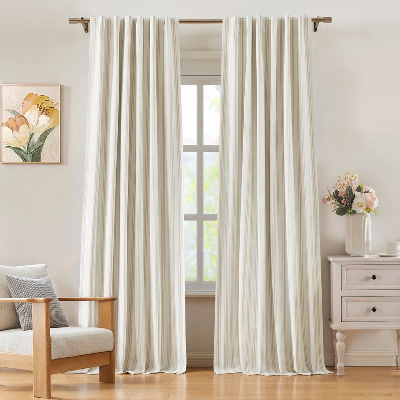 ZJDECOR Beige Striped Blackout Curtain Panels 95 Inch Length Modern Stripe on White Cotton Blend Light Filtering Fabric with White Liner Room Darkening Window Treatment Back Tab Rod Pocket 55 ""Wx95 ""Lx2 - Image 1