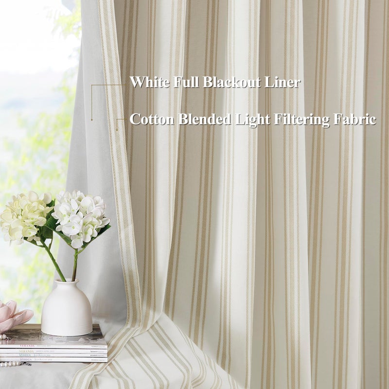 ZJDECOR Beige Striped Blackout Curtain Panels 95 Inch Length Modern Stripe on White Cotton Blend Light Filtering Fabric with White Liner Room Darkening Window Treatment Back Tab Rod Pocket 55 ""Wx95 ""Lx2 - Image 2