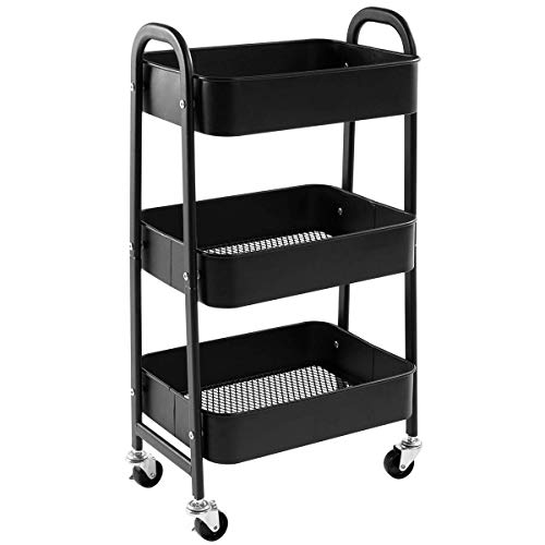DOEWORKS Storage Trolley on Wheels Metal 3 Tier Trolley Cart Kitchen Trolley Craft Trolleys Beauty Trolleys Rolling Storage Utility Cart for Books Room Bathroom Office Black