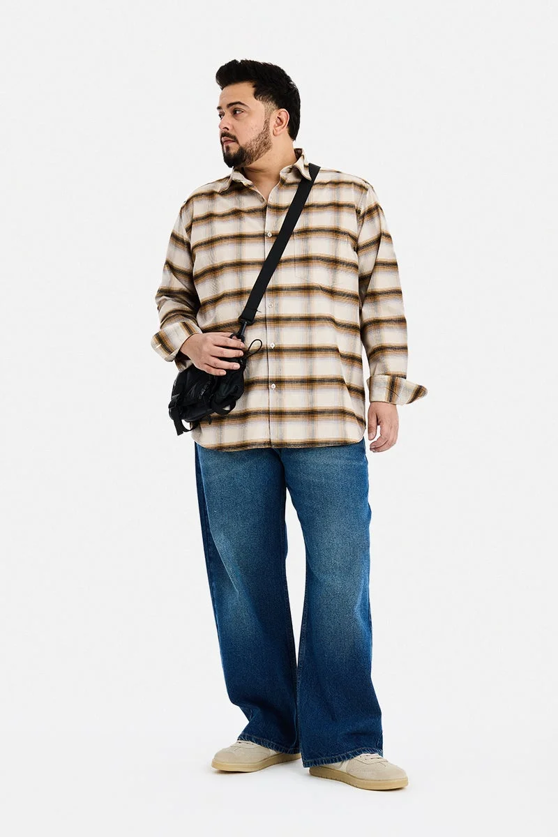 سنيتش Cream Checkered Long Sleeve Regular Fit Plus Size Shirt