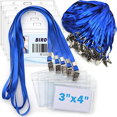 Bird Fiy 4x3 Name Tags Badge Holder with Lanyard 50 Pack Waterproof Horizontal ID Badge Holder and 50 Pcs Lanyards Nametag for Conferences, Events, and Meetings (Blue, 4 X 3 inches) - Image 1