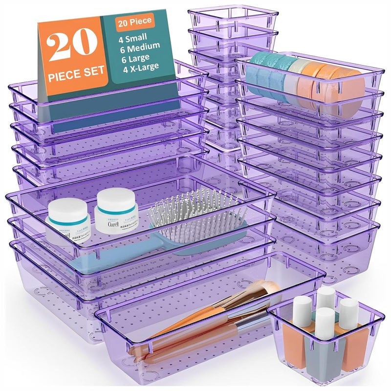 JD FRESH Set of 20 Drawer OrganiserUnbreakable Drawer OrganizerDressing Table OrganizerMultiPurpose Storage BoxesDrawer Divider Tray for KitchenBedroomOffice Purple - Image 1