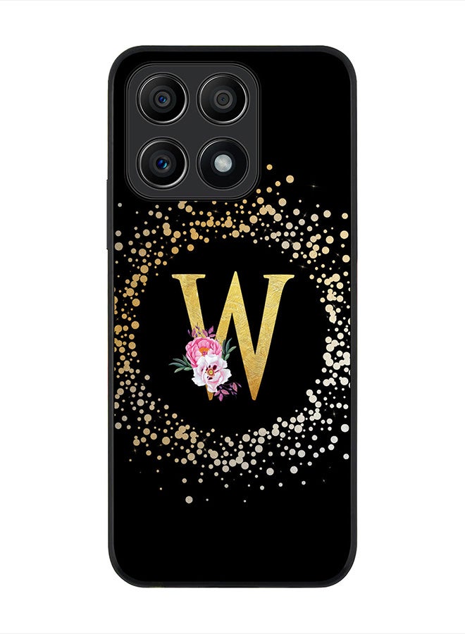 Stylizedd حافظة متينة بحافة سوداء لهاتف Honor X8A 4G، غطاء رفيع بحواف مطاطية رفيعة - حرف أولي مخصص بنمط الأزهار الأبجدية - W (أسود) - Image 1