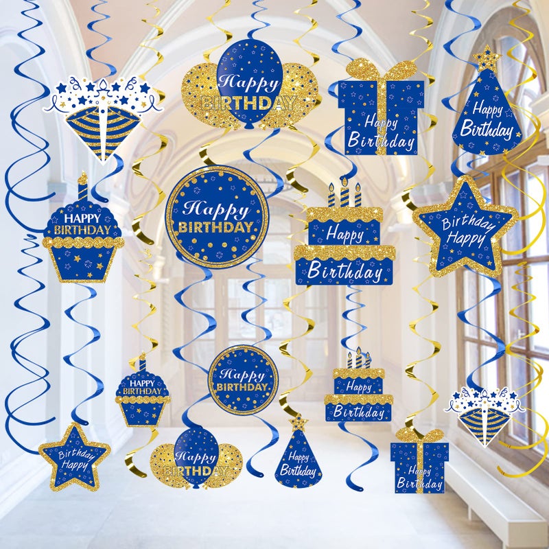Turypaty Blue Gold Birthday Hanging Swirls Decorations for Men Women Happy Birthday Foil Swirls Party Supplies 10th 16th 21st 30th 40th 50th 60th Bday Ceiling Hanging Decor